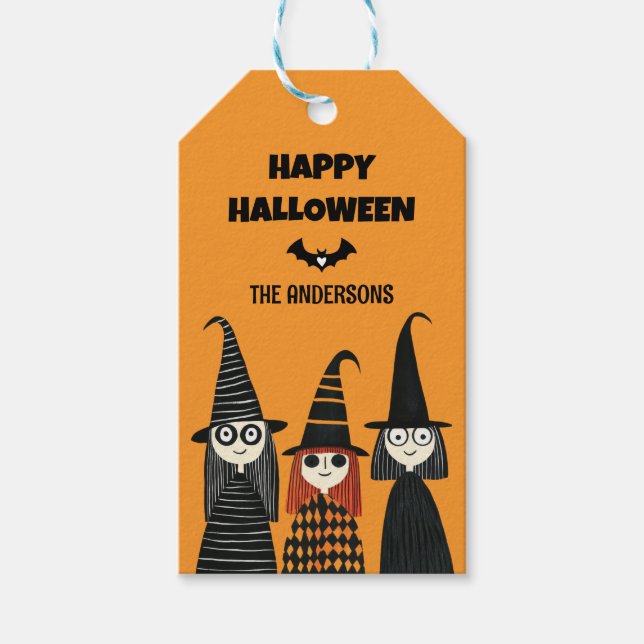 Spooky Cute Witches med Namn Happy halloween Presentetikett (Framsidan)