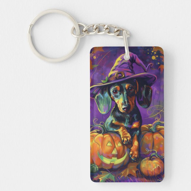 Spooky Dachshund Hund Halloween Witch och Pumpkin (Framsidan)
