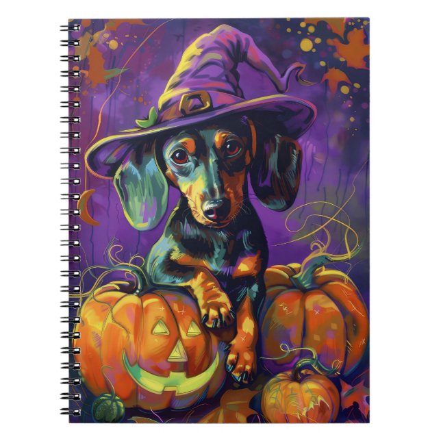 Spooky Dachshund Hund Halloween Witch och Pumpkin Anteckningsbok (Framsidan)