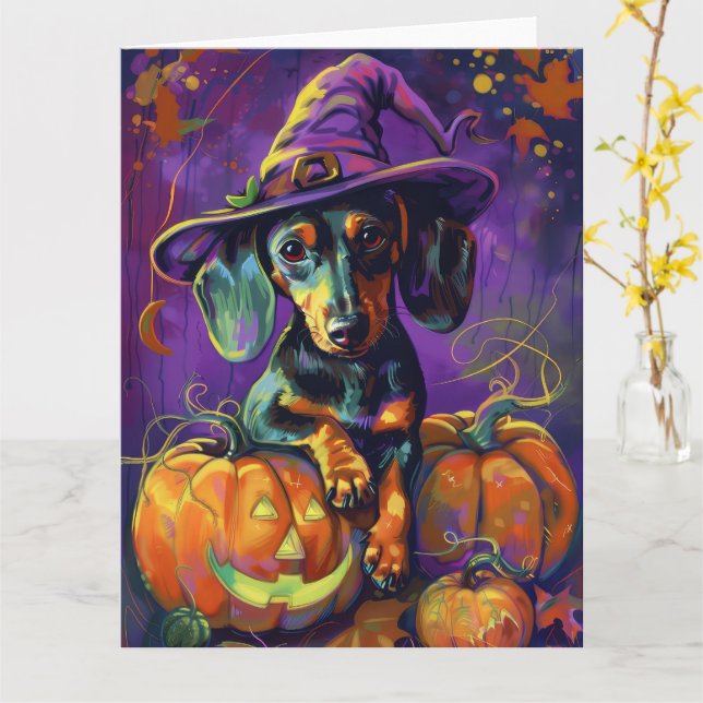 Spooky Dachshund Hund Halloween Witch och Pumpkin Kort (Gul blomma)