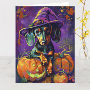 Spooky Dachshund Hund Halloween Witch och Pumpkin Kort
