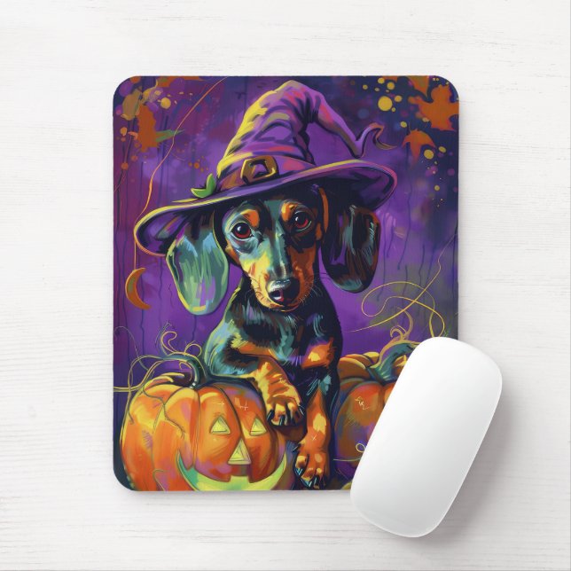 Spooky Dachshund Hund Halloween Witch och Pumpkin Musmatta (Med mus)