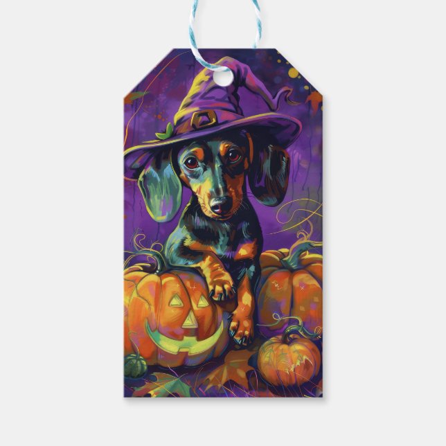 Spooky Dachshund Hund Halloween Witch och Pumpkin Presentetikett (Framsidan)