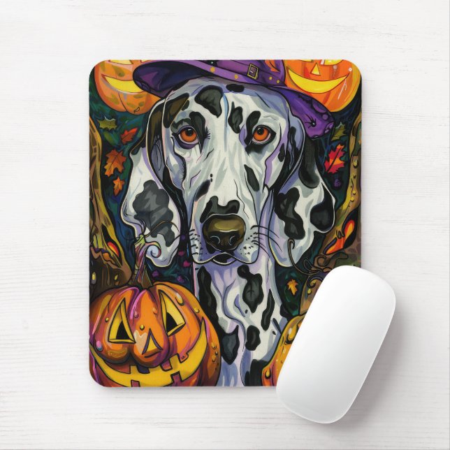 Spooky Dalmatian Hund Halloween Witch och Pumpkin Musmatta (Med mus)