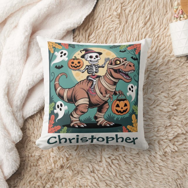 Spooky Dino Rider - Skeleton på Mummy T-Rex Kudde (Filt)