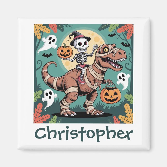 Spooky Dino Rider - Skeleton på Mummy T-Rex Magnet (Framsidan)