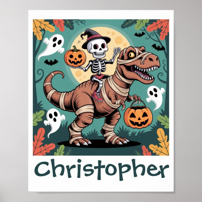 Spooky Dino Rider - Skeleton på Mummy T-Rex Poster (Framsidan)