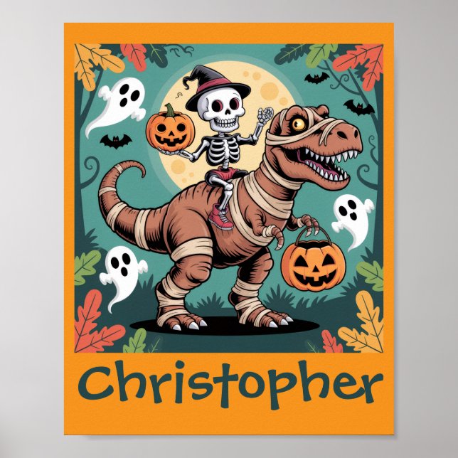Spooky Dino Rider - Skeleton på Mummy T-Rex Poster (Framsidan)