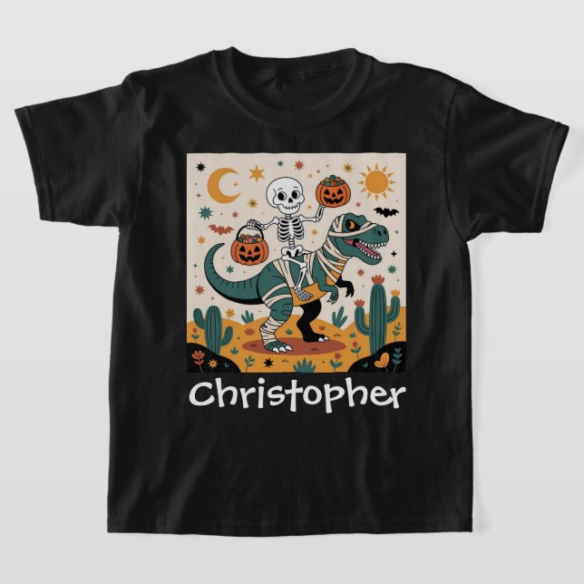 Spooky Dino Rider - Skeleton på Mummy T-Rex T Shirt (Laydown)