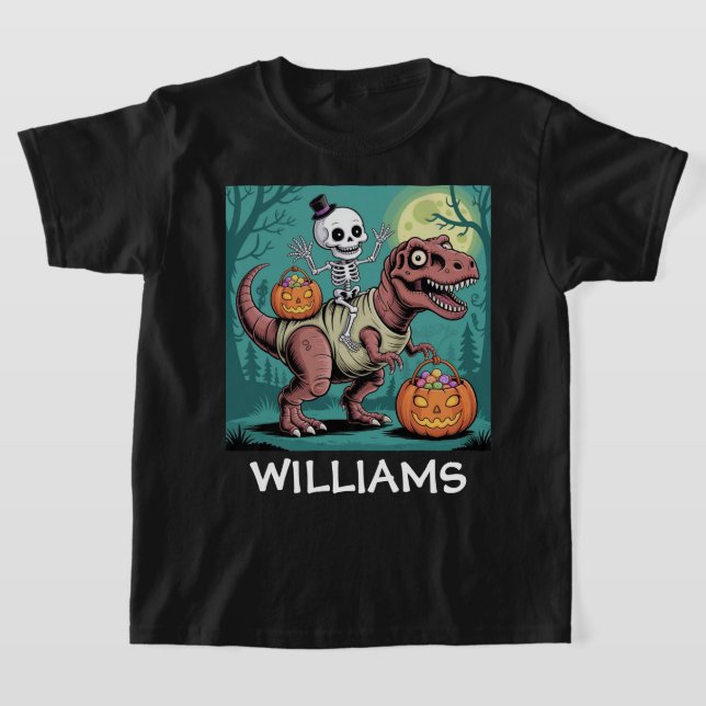 Spooky Dino Rider - Skeleton på Mummy T-Rex T Shirt (Laydown)