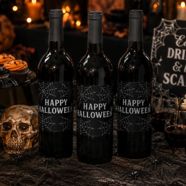 Spooky Drinks Happy halloween Spindelnät Haunted Vinflaska Etikett (Skapare uppladdad)