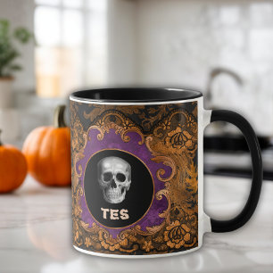 Spooky Elegant Hallloween Skull på Orange Damask Mugg