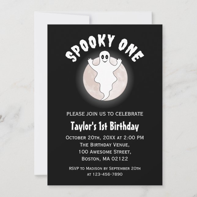 Spooky En Roligt Halloween Ghost första födelsedag Inbjudningar (Framsida)