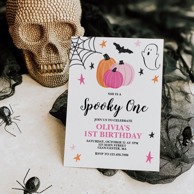 Spooky En Rosa Halloween 1:a födelsedagen Inbjudningar (Skapare uppladdad)