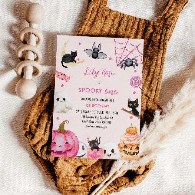 Spooky En Rosa Halloween Cute Ghost 1:a födelsedag Inbjudningar (Skapare uppladdad)