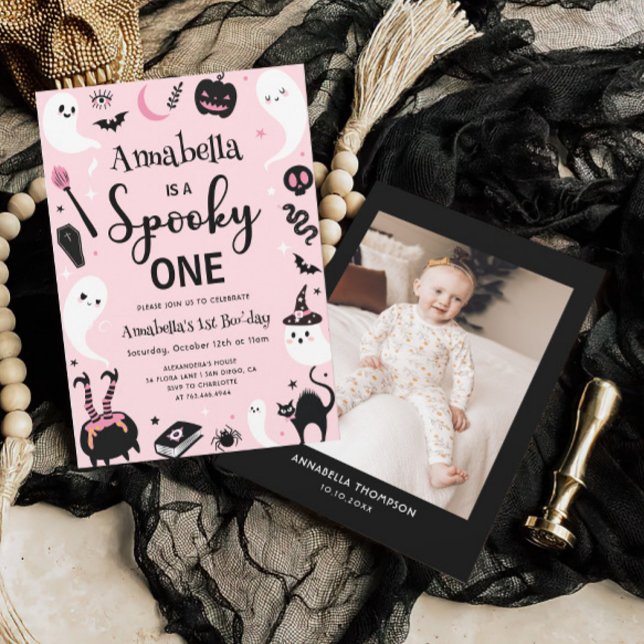 Spooky En Rosa Halloween-foto 1:a födelsedagen Inbjudningar (Skapare uppladdad)