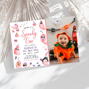 Spooky En Rosa Halloween Ghost 1:a foto Birthday Inbjudningar
