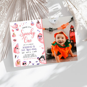 Spooky En Rosa Halloween Ghost 1:a foto Birthday Inbjudningar