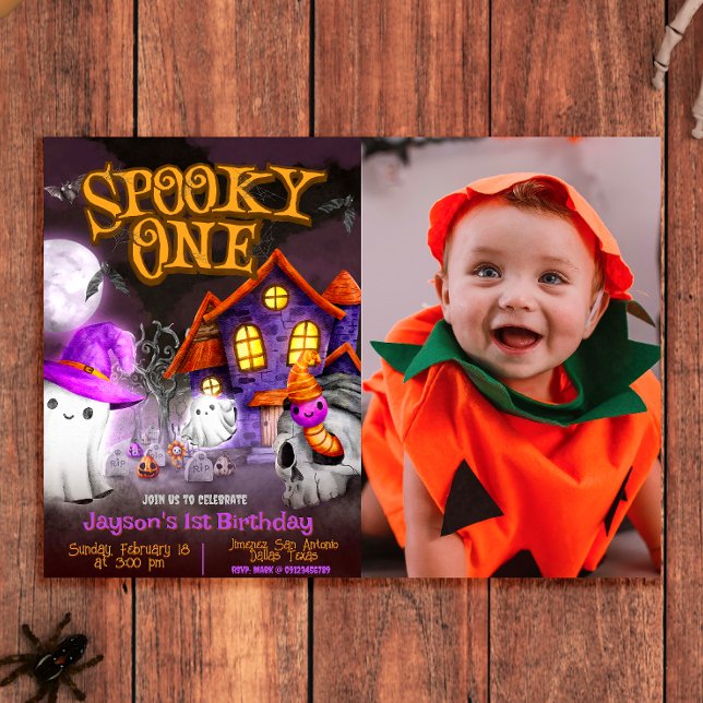 Spooky ett - 1:a födelsedagen med foto inbjudningar (Spooky One - 1st Birthday Halloween Landscape Invitation with Photo)
