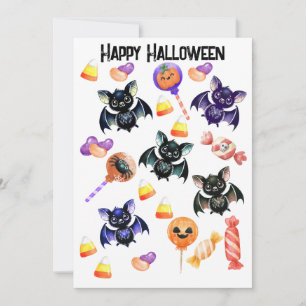 Spooky Fladdermus Candy, Watercolor, Whimsical Hal Julkort