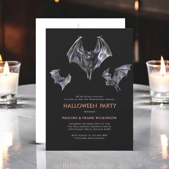 spooky fladdermus halloween costume party inbjudningar (fun three bats halloween costume party invitations , ideal for adults or children , fully ediatable )