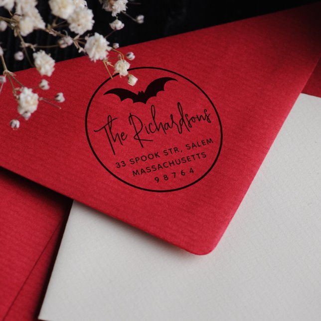 Spooky Fladdermus Round Halloween Returadress Självfärgande Stämpel (Rubber Stamp Mock-up)