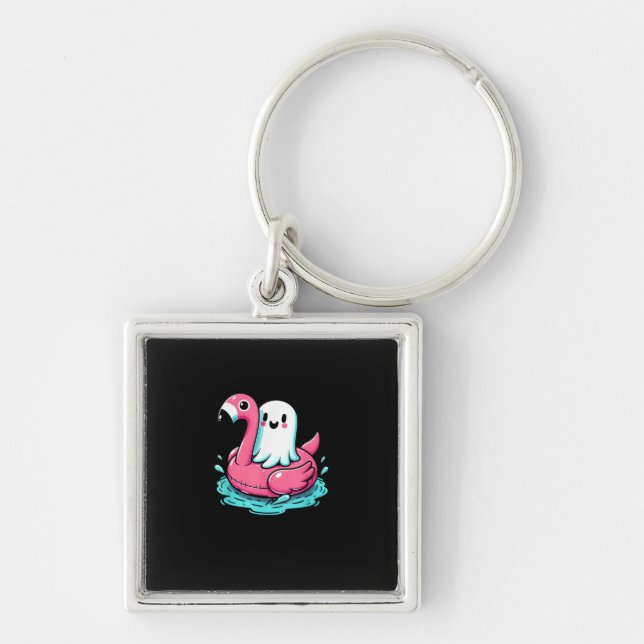 Spooky Flamingo Funny Spooky Summer Summerween Fyrkantig Silverfärgad Nyckelring (Framsidan)