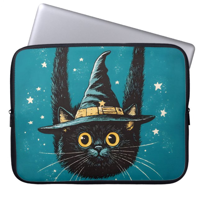 Spooky Flies Black Cat Witch Laptop Fodral (Framsidan)