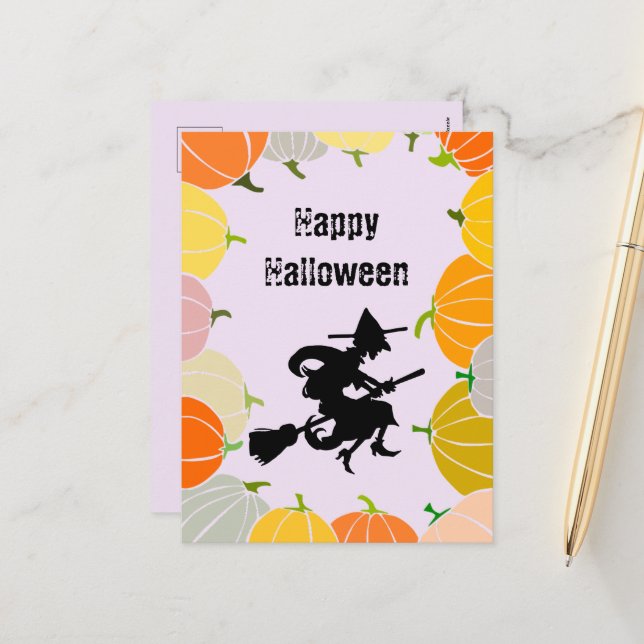 Spooky Flies Witch Orange Pumpkins Helg Vykort (Fram/Back In Situ)