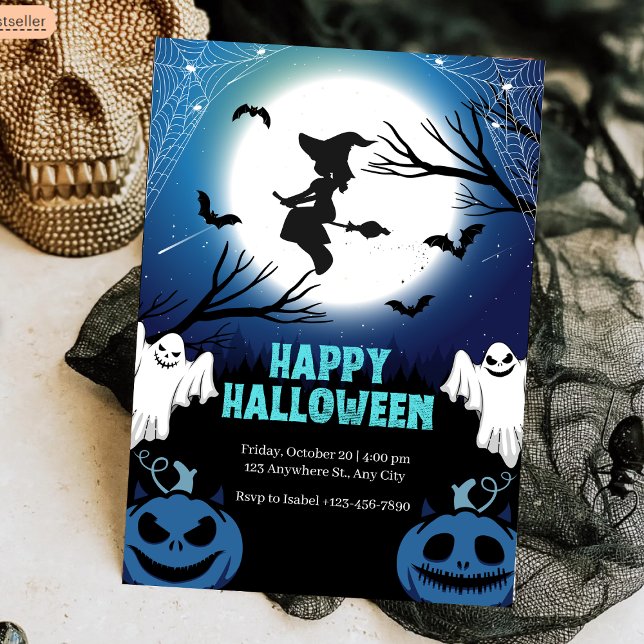 Spooky Flies Witch & Spöken Full Moon Halloween Inbjudningar (Spooky Flying Witch & Ghosts Full Moon Halloween Invitation
)