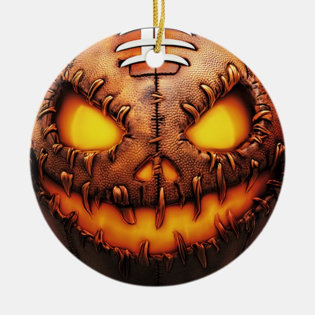 Spooky Football Pumpkin Ansikte Halloween Julgransprydnad Keramik (Framsidan)