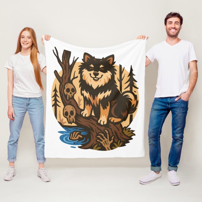 Spooky Forest Dog with Skulls Horror Art Fleecefilt (På plats)