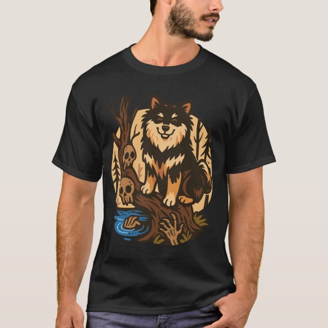 Spooky Forest Dog with Skulls Horror Art T Shirt (Framsida)