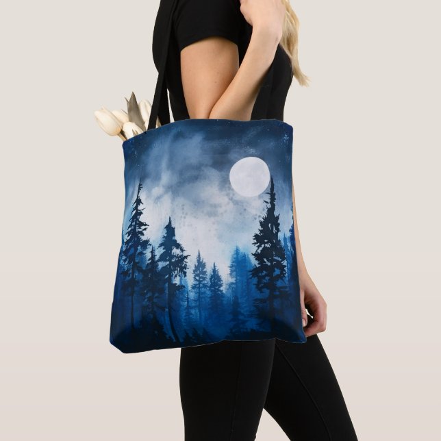 Spooky Forest Full Moon Blue and White Halloween Tygkasse (Närbild)