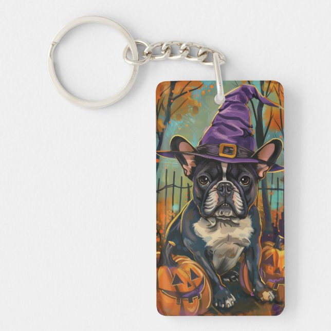 Spooky Fransk Bulldog Halloween Witch och Pumpkin (Framsidan)