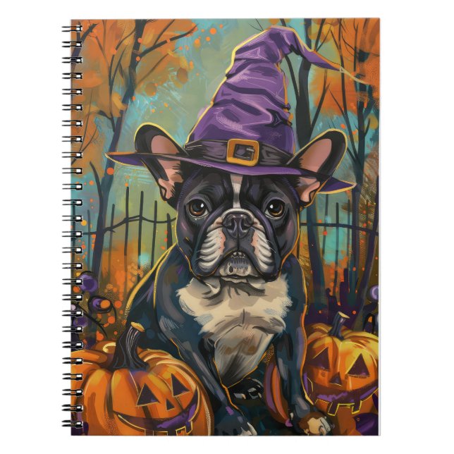 Spooky Fransk Bulldog Halloween Witch och Pumpkin Anteckningsbok (Framsidan)