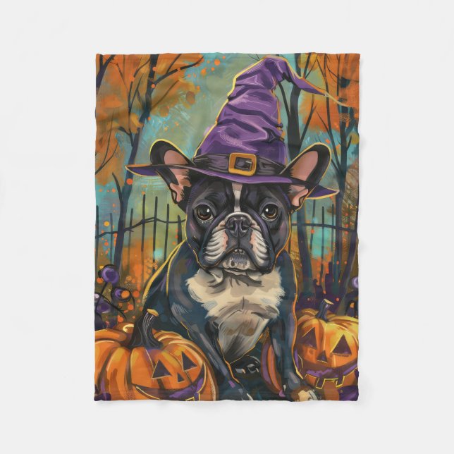 Spooky Fransk Bulldog Halloween Witch och Pumpkin Fleecefilt (Framsidan)