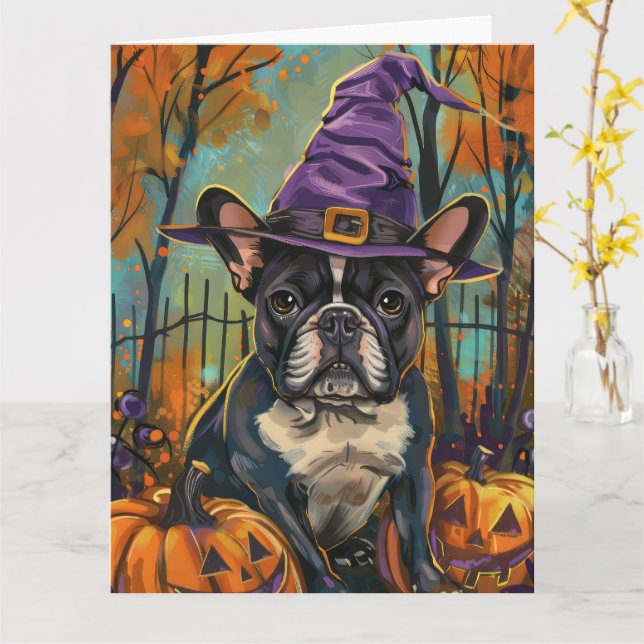 Spooky Fransk Bulldog Halloween Witch och Pumpkin Kort (Gul blomma)