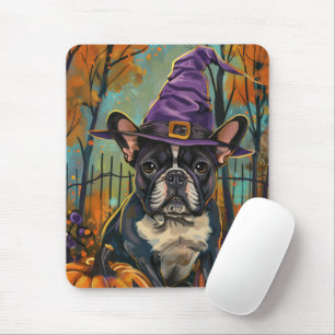 Spooky Fransk Bulldog Halloween Witch och Pumpkin Musmatta