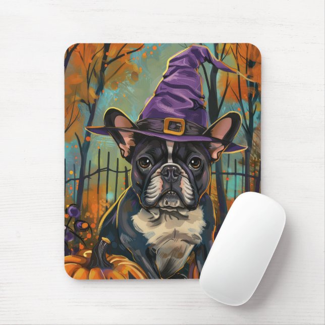 Spooky Fransk Bulldog Halloween Witch och Pumpkin Musmatta (Med mus)