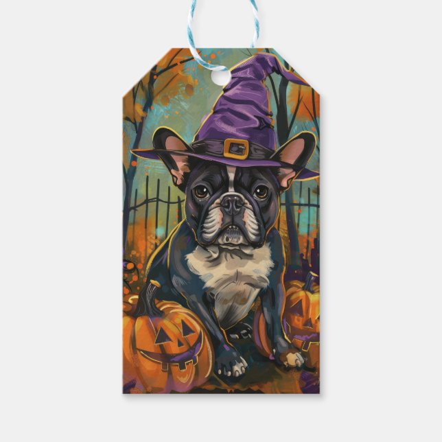 Spooky Fransk Bulldog Halloween Witch och Pumpkin Presentetikett (Framsidan)