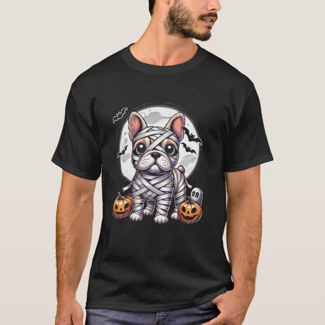 Spooky Fransk Bulldog Mummy Full Moon Halloween Do T Shirt (Framsida)
