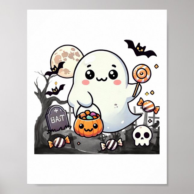 Spooky Friends Cute Halloween Ghost Pumpkin Måne Poster (Framsidan)