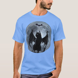 Spooky Full Moon Black Cat med Fladdermus Vingar H T Shirt
