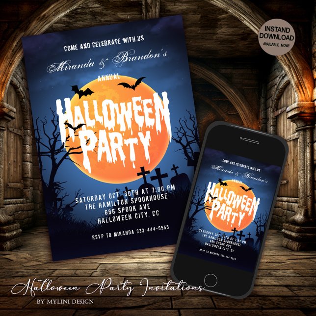 Spooky Full Moon Fladdermus & Graveyard Halloween  Inbjudningar (Skapare uppladdad)