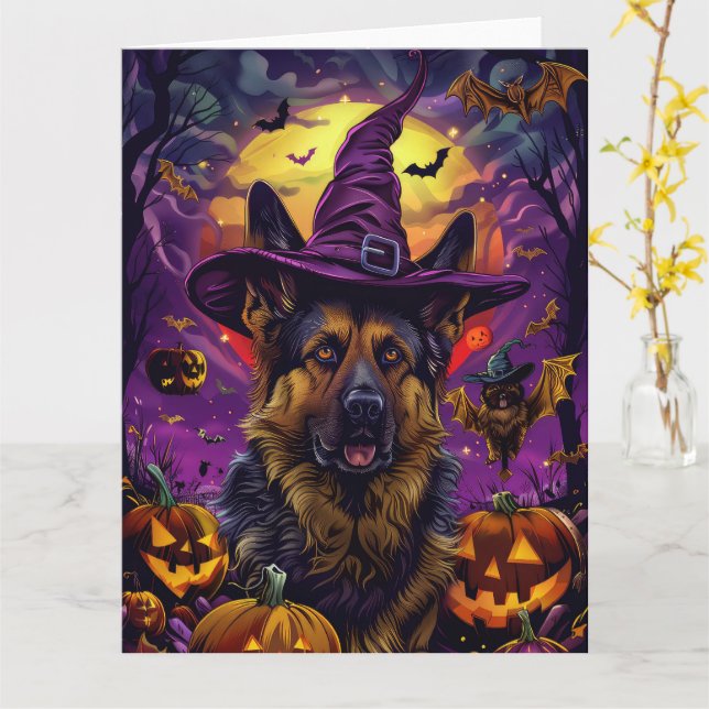Spooky German Shepherd Halloween Witch Pumpkin Kort (Gul blomma)