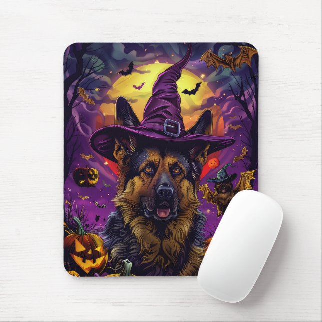 Spooky German Shepherd Halloween Witch Pumpkin Musmatta (Med mus)
