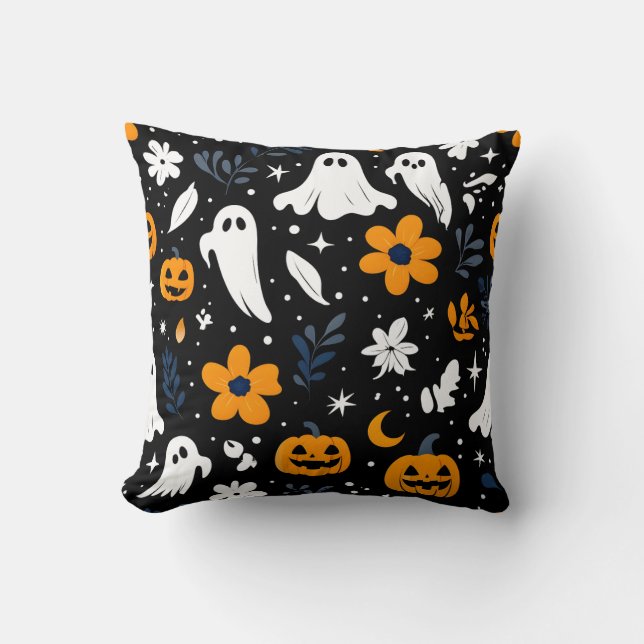 Spooky Ghost and Pumpkin Halloween Pillow Kudde (Framsida)