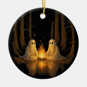 Spooky Ghost Campfire Night Forest Art - Halloween Julgransprydnad Keramik