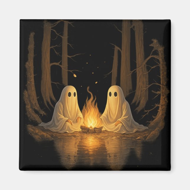 Spooky Ghost Campfire Night Forest Art - Halloween Magnet (Framsidan)